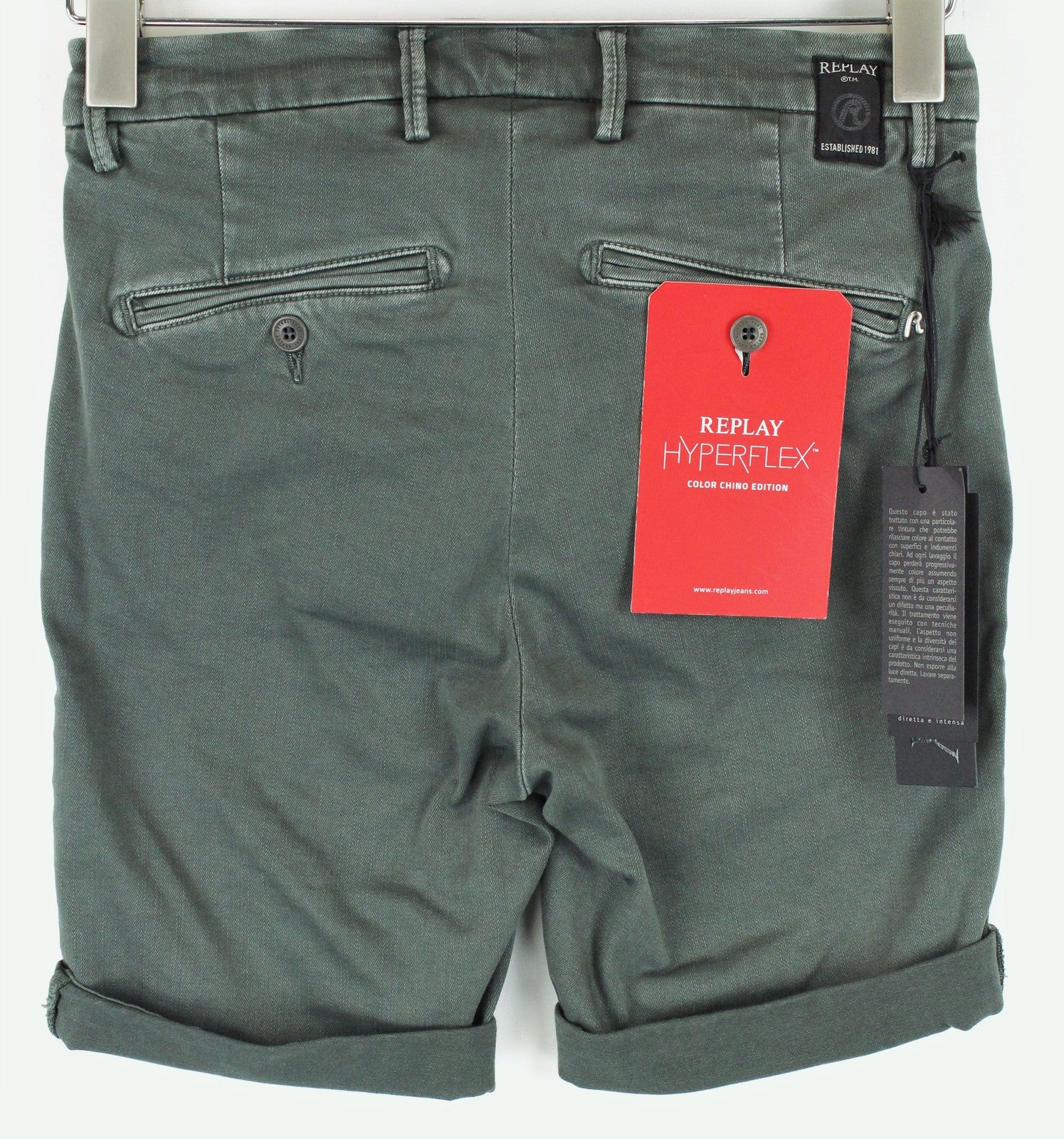 REPLAY Lehoen Men Shorts W28 Summer Green Cotton Stretch Casual Bermuda