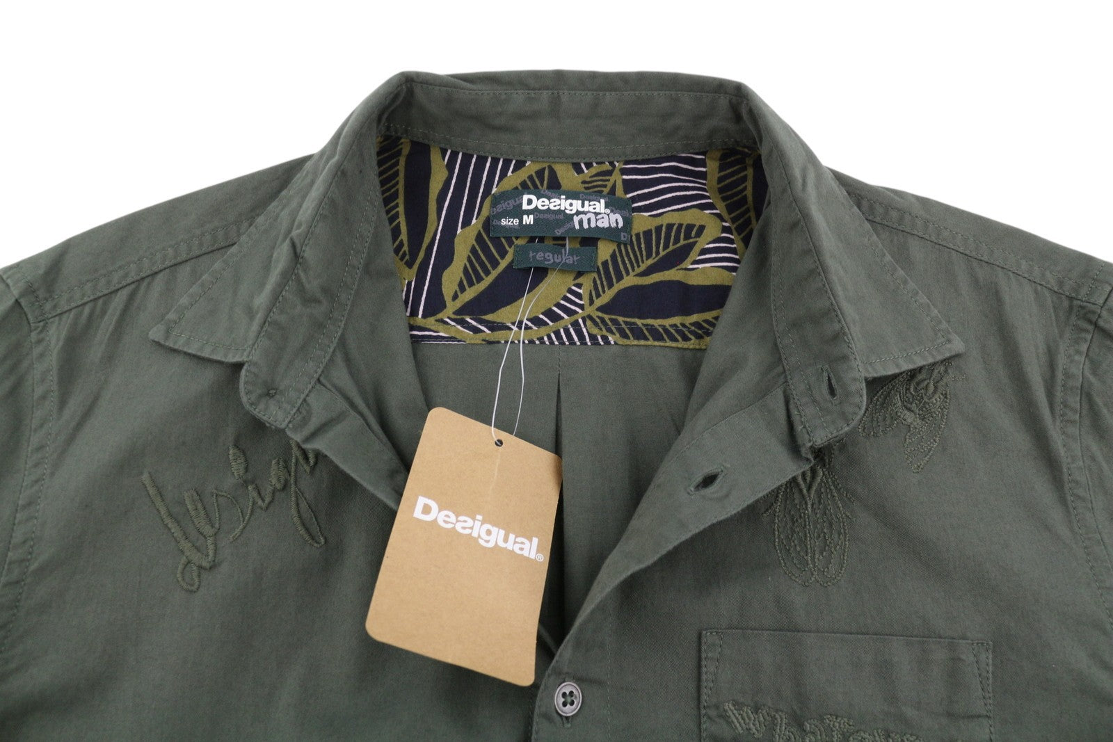 DESIGUAL Cam Marcos Men Shirt M Khaki Green Embroidered Button-Up Casual