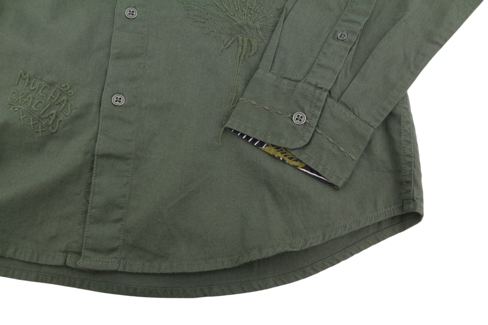 DESIGUAL Cam Marcos Men Shirt M Khaki Green Embroidered Button-Up Casual