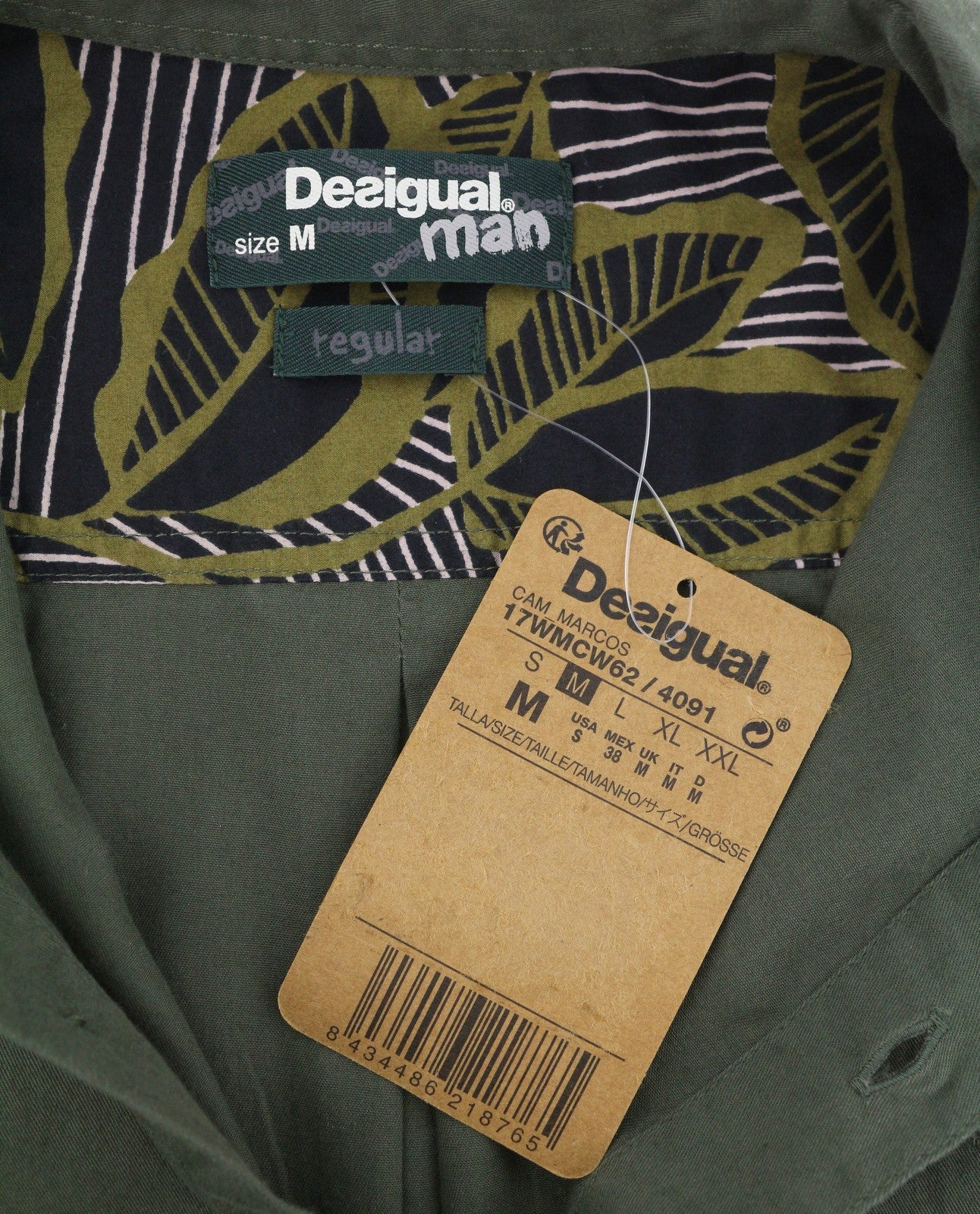 DESIGUAL Cam Marcos Men Shirt M Khaki Green Embroidered Button-Up Casual