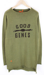GOOD GENES Men Jumper L Green Logo Pure Cotton Long Sleeve Long Knitted Sweater