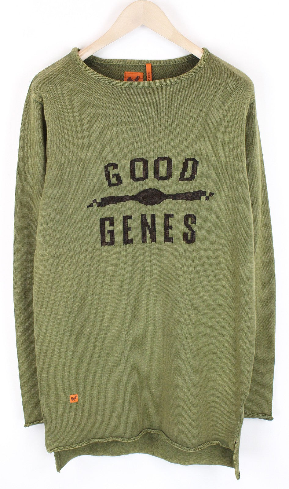 GOOD GENES Men Jumper L Green Logo Pure Cotton Long Sleeve Long Knitted Sweater