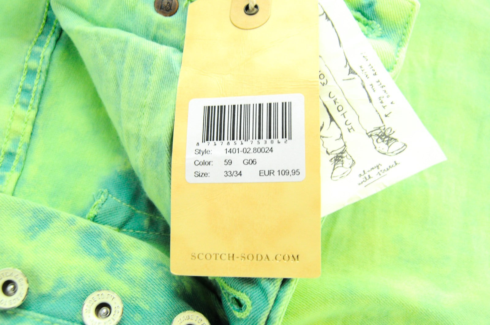SCOTCH & SODA Steele Men Jeans W33/L34 Super Slim Green Dyed Cotton Stretch