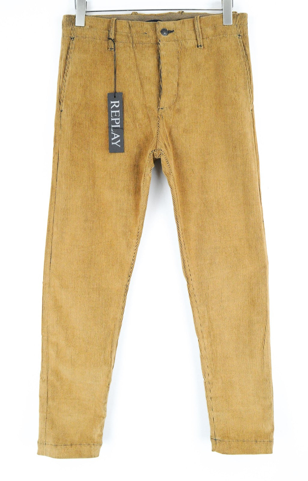 REPLAY Men Trousers W31/L30 Brown Cotton Stretch Corduroy Regular Fit Buttoned