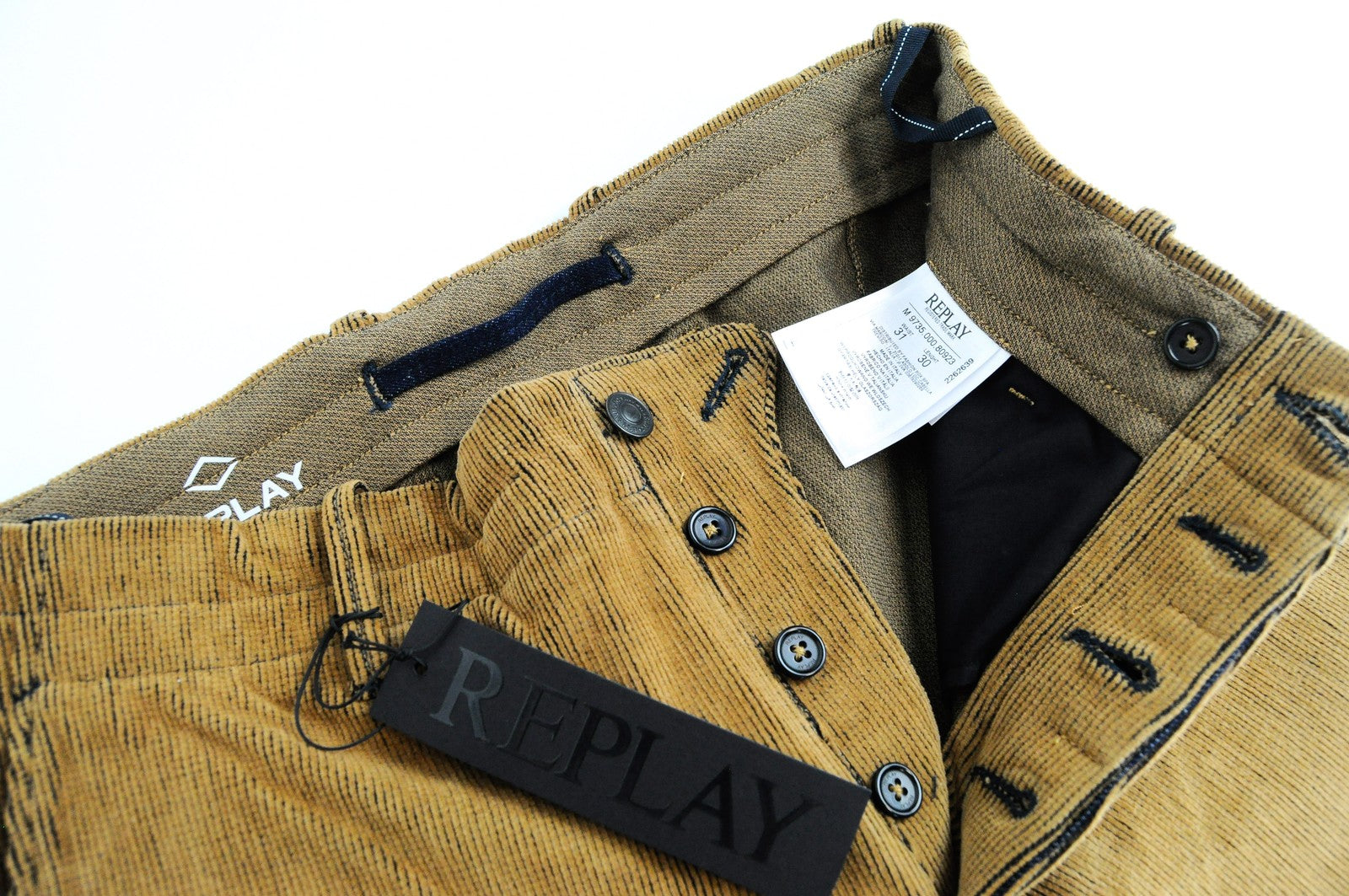 REPLAY Men Trousers W31/L30 Brown Cotton Stretch Corduroy Regular Fit Buttoned