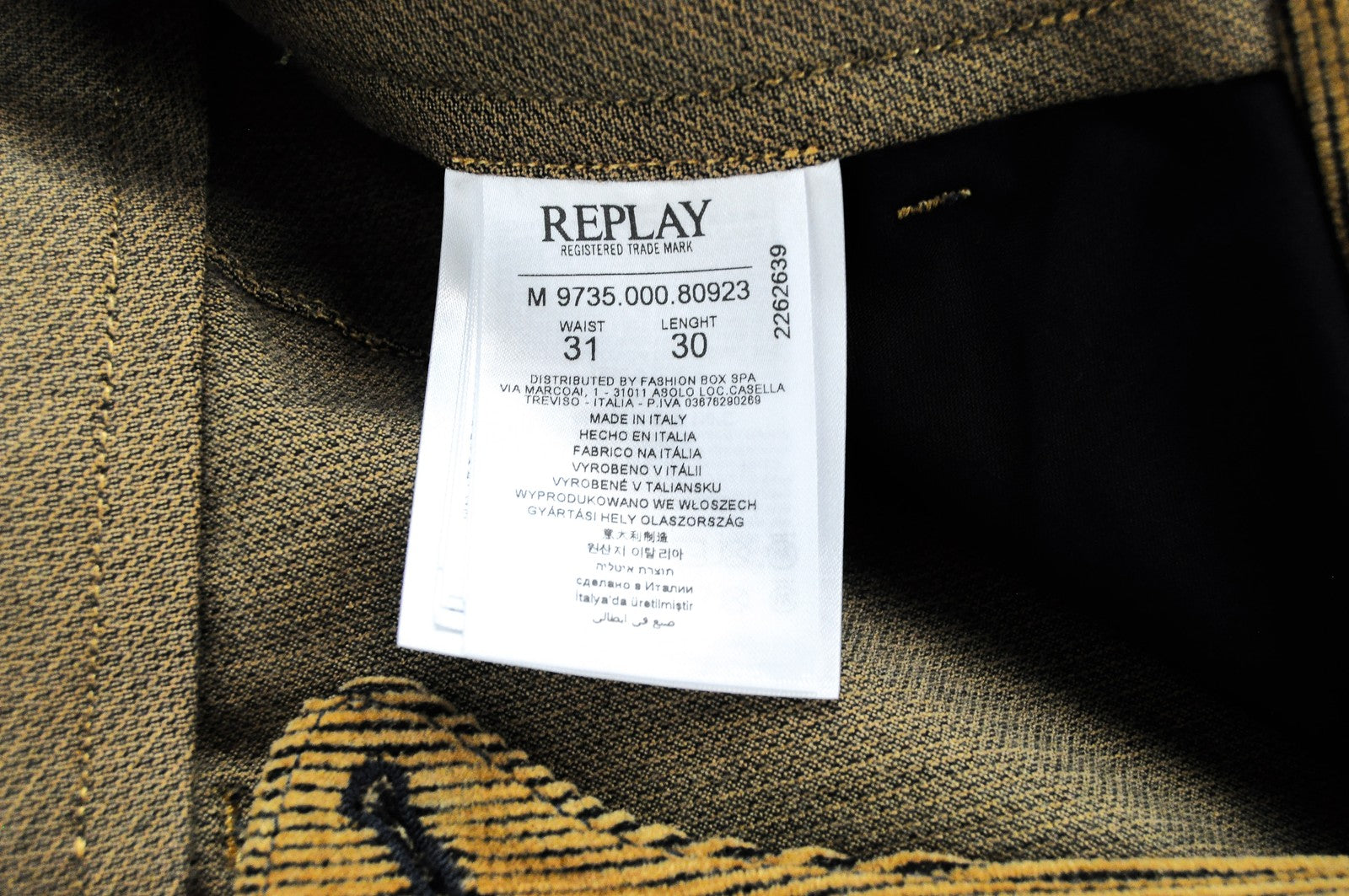 REPLAY Men Trousers W31/L30 Brown Cotton Stretch Corduroy Regular Fit Buttoned