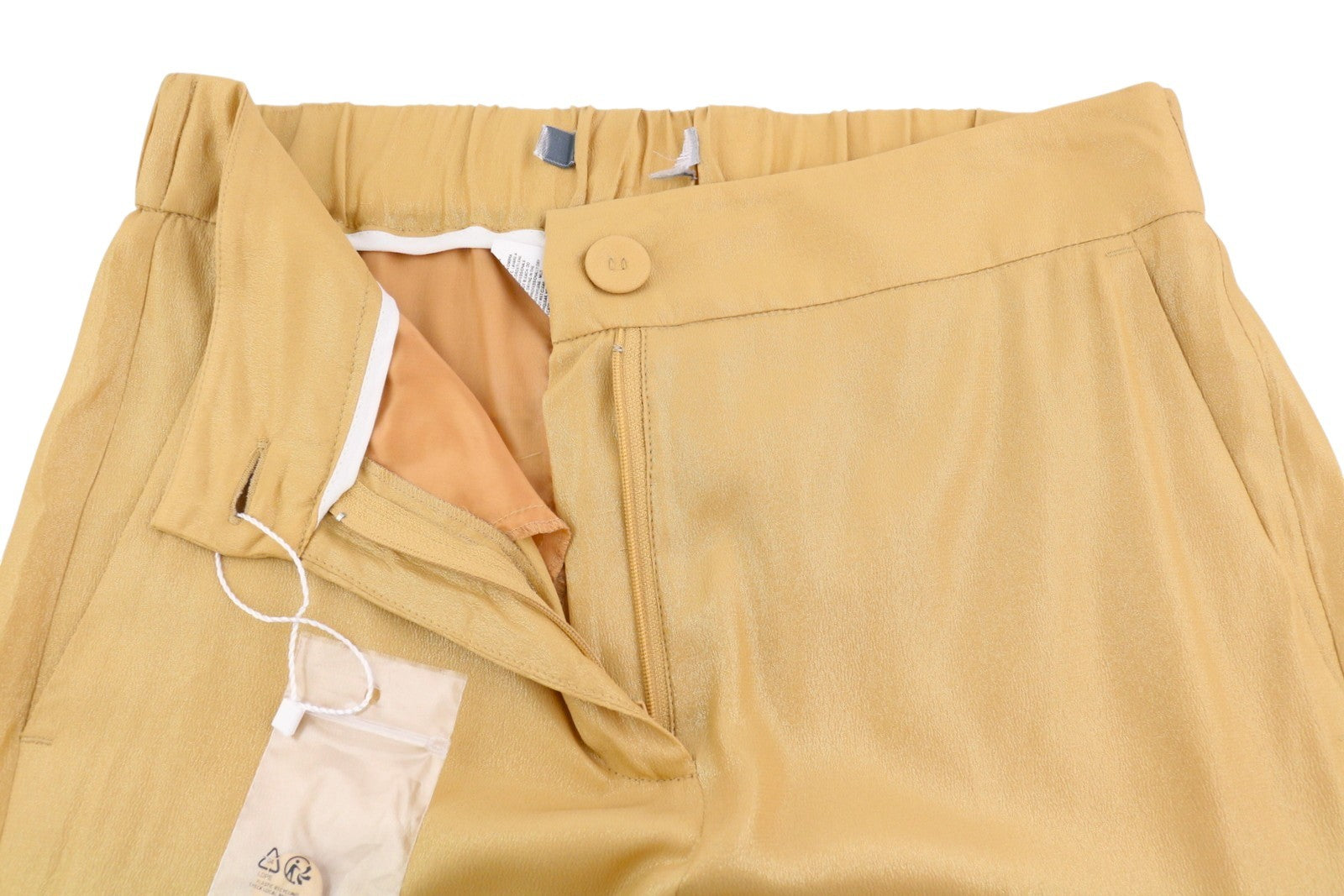 MAX MARA Women Trousers W26 Yellow Gold Silk Blend Glitter Shiny Cropped Flared