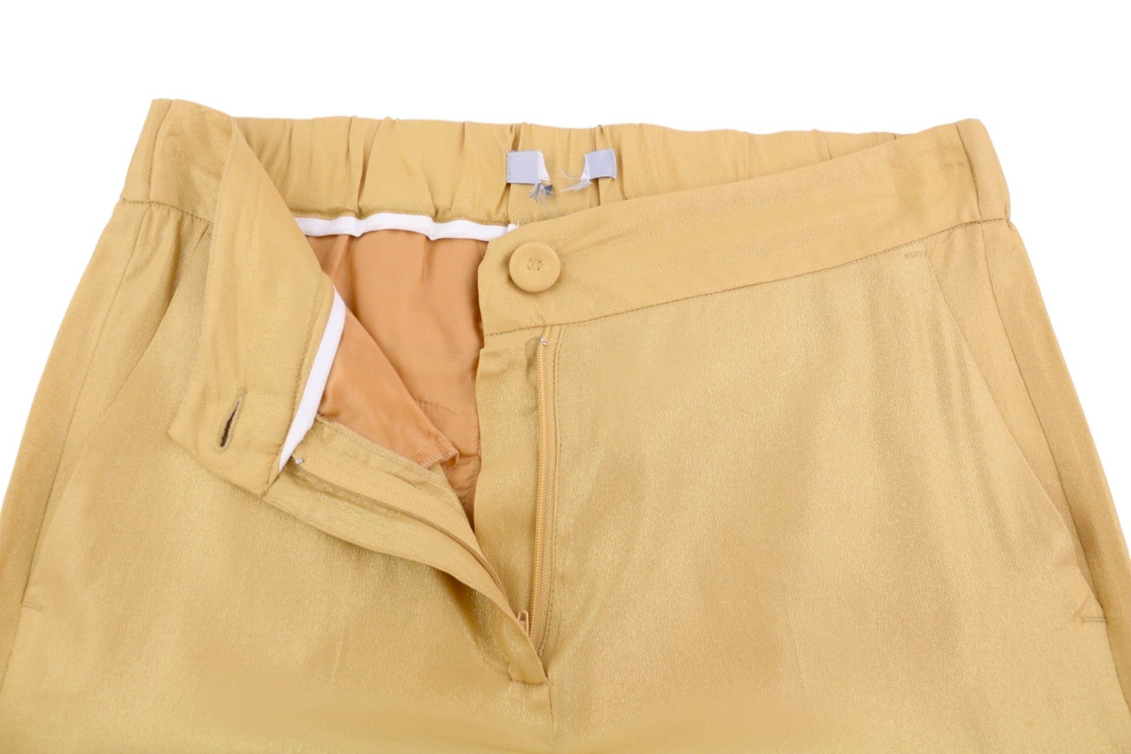 MAX MARA Women Trousers W28 Yellow Gold Silk Blend Glitter Shiny Cropped Flared