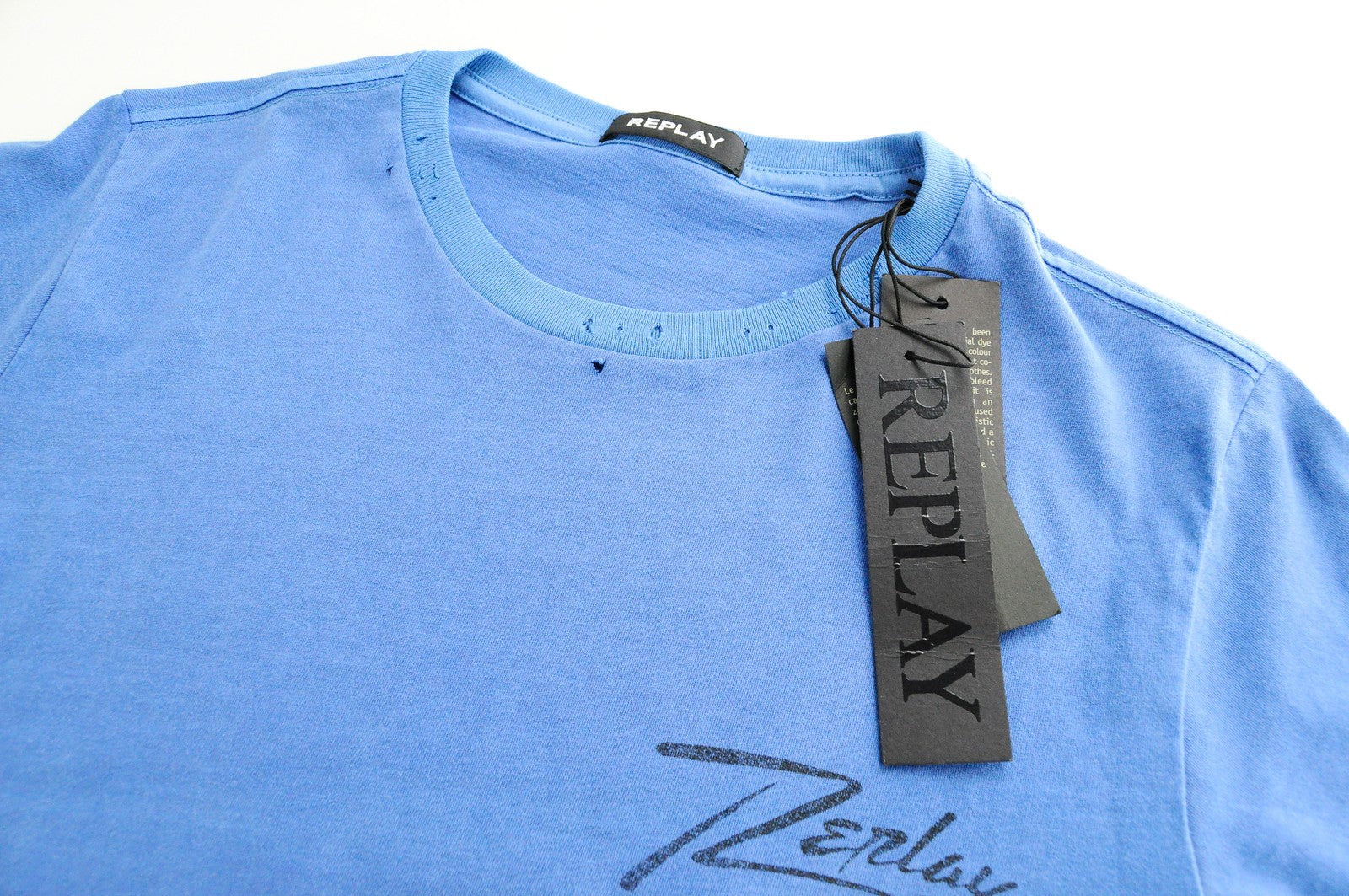REPLAY Men T-Shirt S Blue Pure Cotton Short Sleeve Ripped Logo Casual Pullover