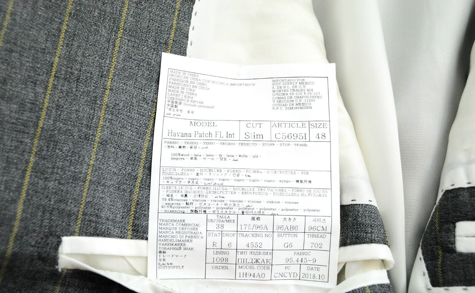 SUITSUPPLY Havana Patch Men Suit UK38R Pure Wool Grey Striped Lined Slim 2 Piece