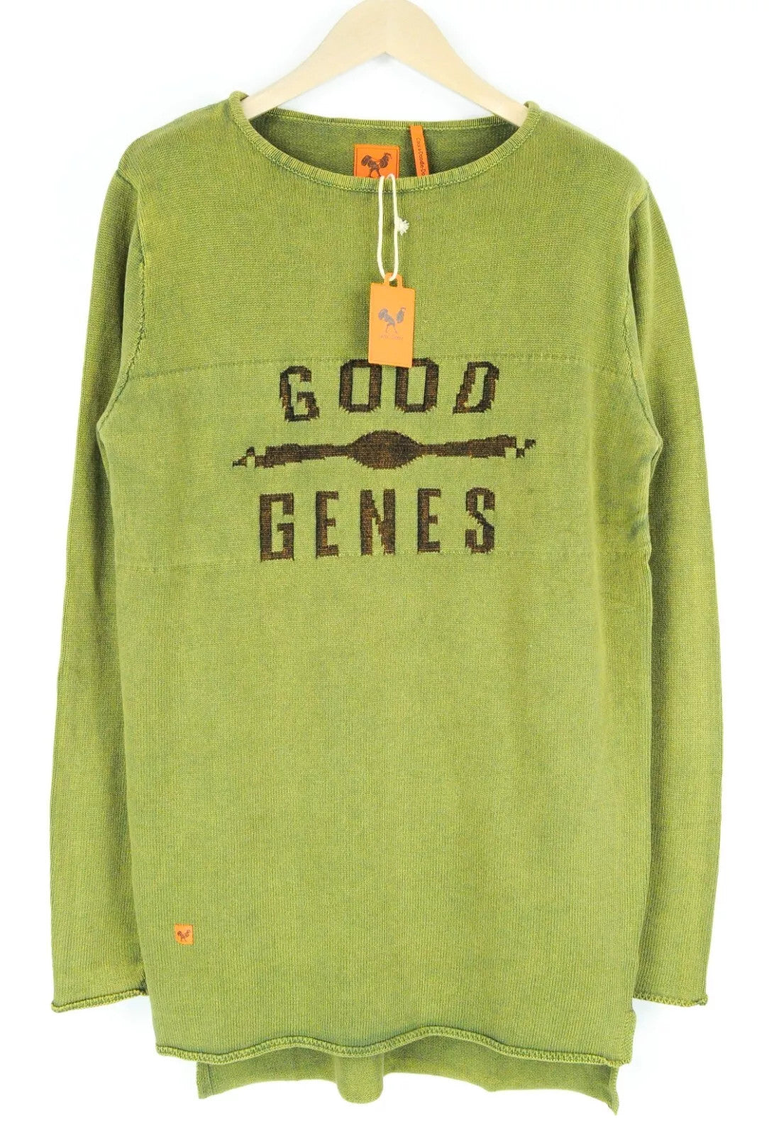 GOOD GENES Men Jumper M Green Pure Cotton Knitted Logo Long Sleeved Sweater