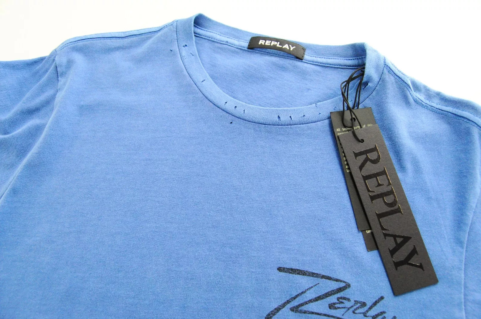 REPLAY Men T-Shirt S Blue Casual Cotton Short Sleeved Ripped Logo Pullover
