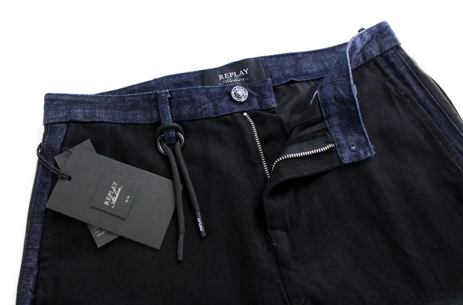 REPLAY Atelier Men Jeans W30/L30 Slim Fit Black Blue Pure Cotton Slit Pocket