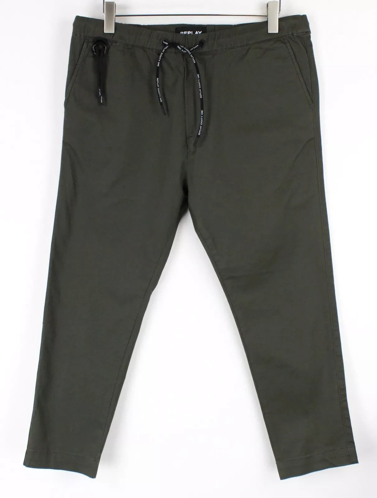 REPLAY Men Trousers W33 Regular Fit Green Pull On Cropped Stretch Slit Pocket
