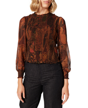 DESIGUAL Blus Hisopo Women Blouse L Brown Honeycomb Printed Ruffled Collar