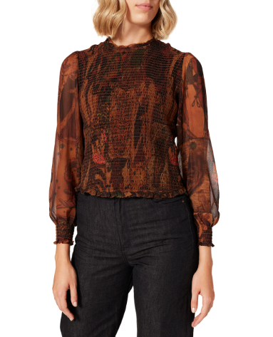 DESIGUAL Blus Hisopo Women Blouse L Brown Honeycomb Printed Ruffled Collar