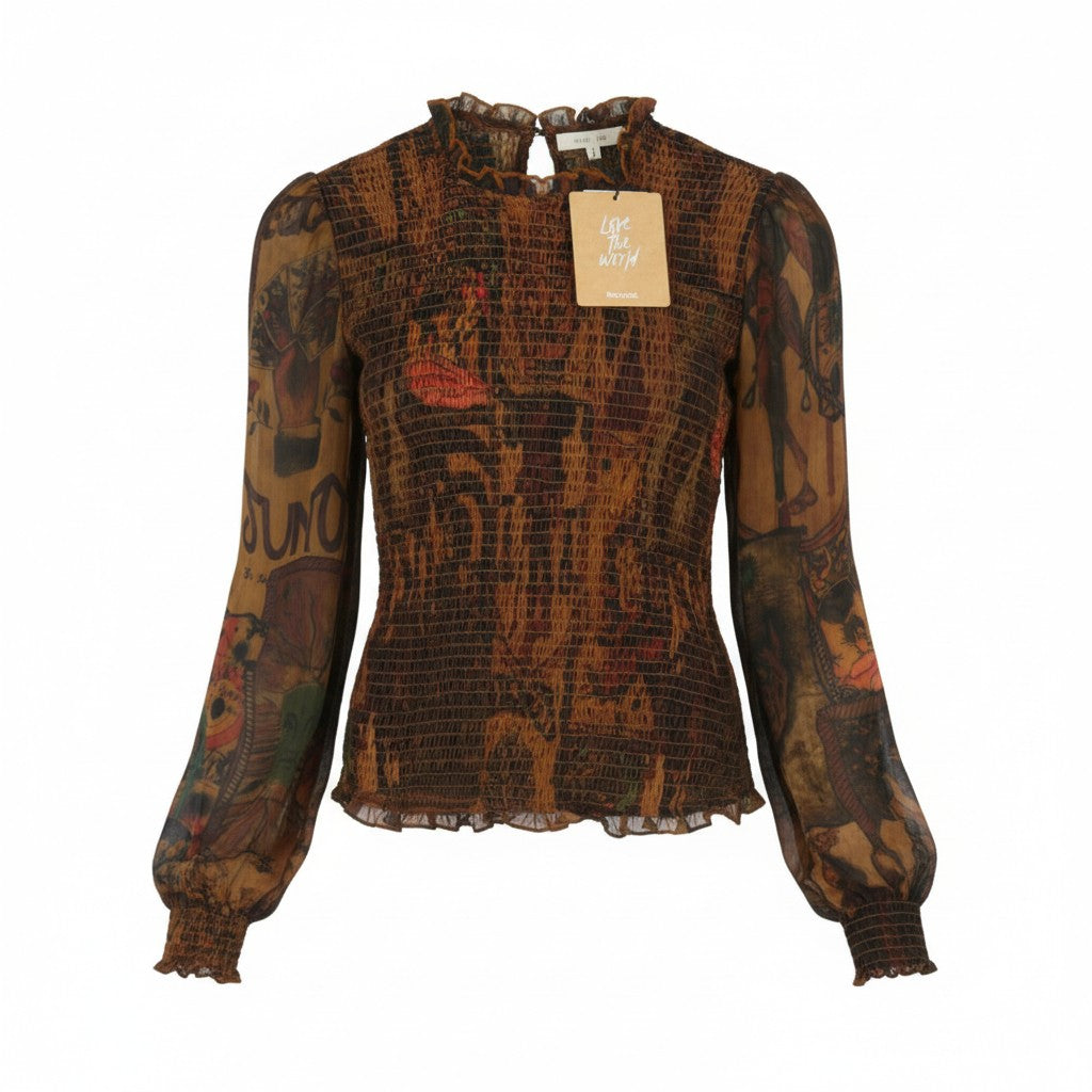 DESIGUAL Blus Hisopo Women Blouse L Brown Honeycomb Printed Ruffled Collar