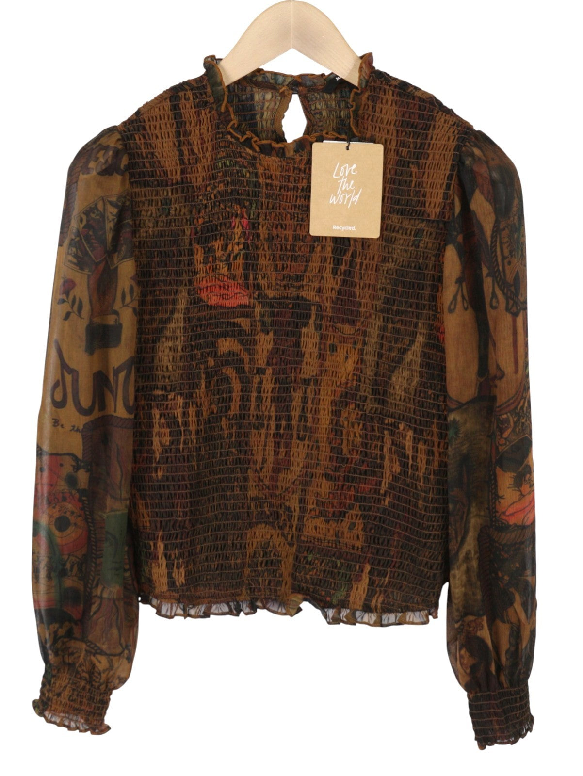 DESIGUAL Blus Hisopo Women Blouse L Brown Honeycomb Printed Ruffled Collar