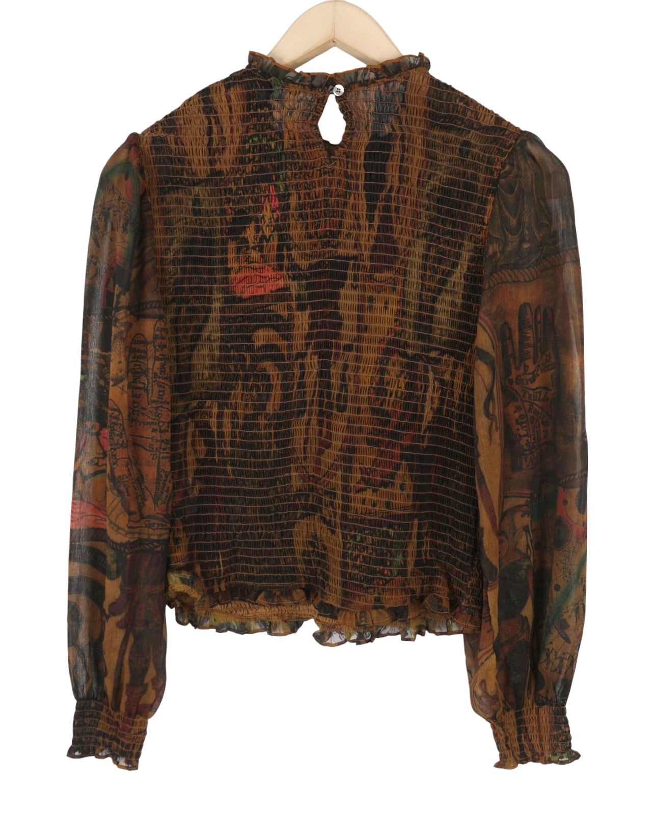 DESIGUAL Blus Hisopo Women Blouse L Brown Honeycomb Printed Ruffled Collar