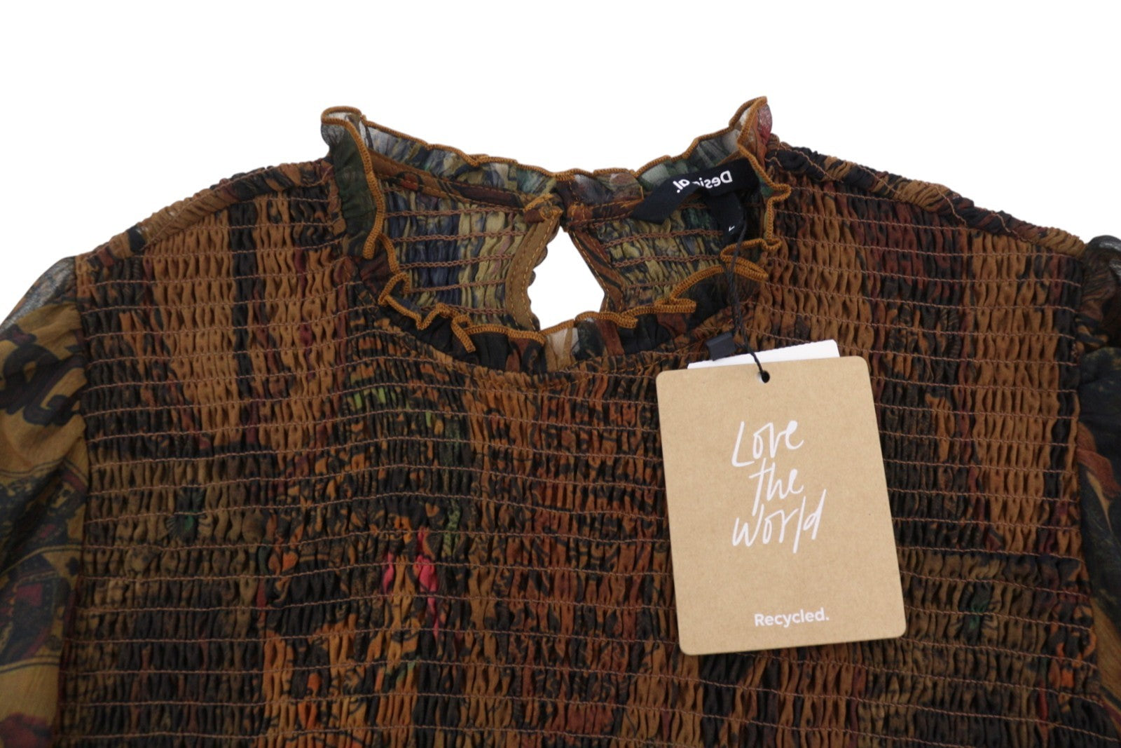 DESIGUAL Blus Hisopo Women Blouse L Brown Honeycomb Printed Ruffled Collar