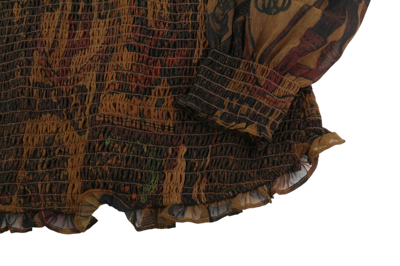 DESIGUAL Blus Hisopo Women Blouse L Brown Honeycomb Printed Ruffled Collar