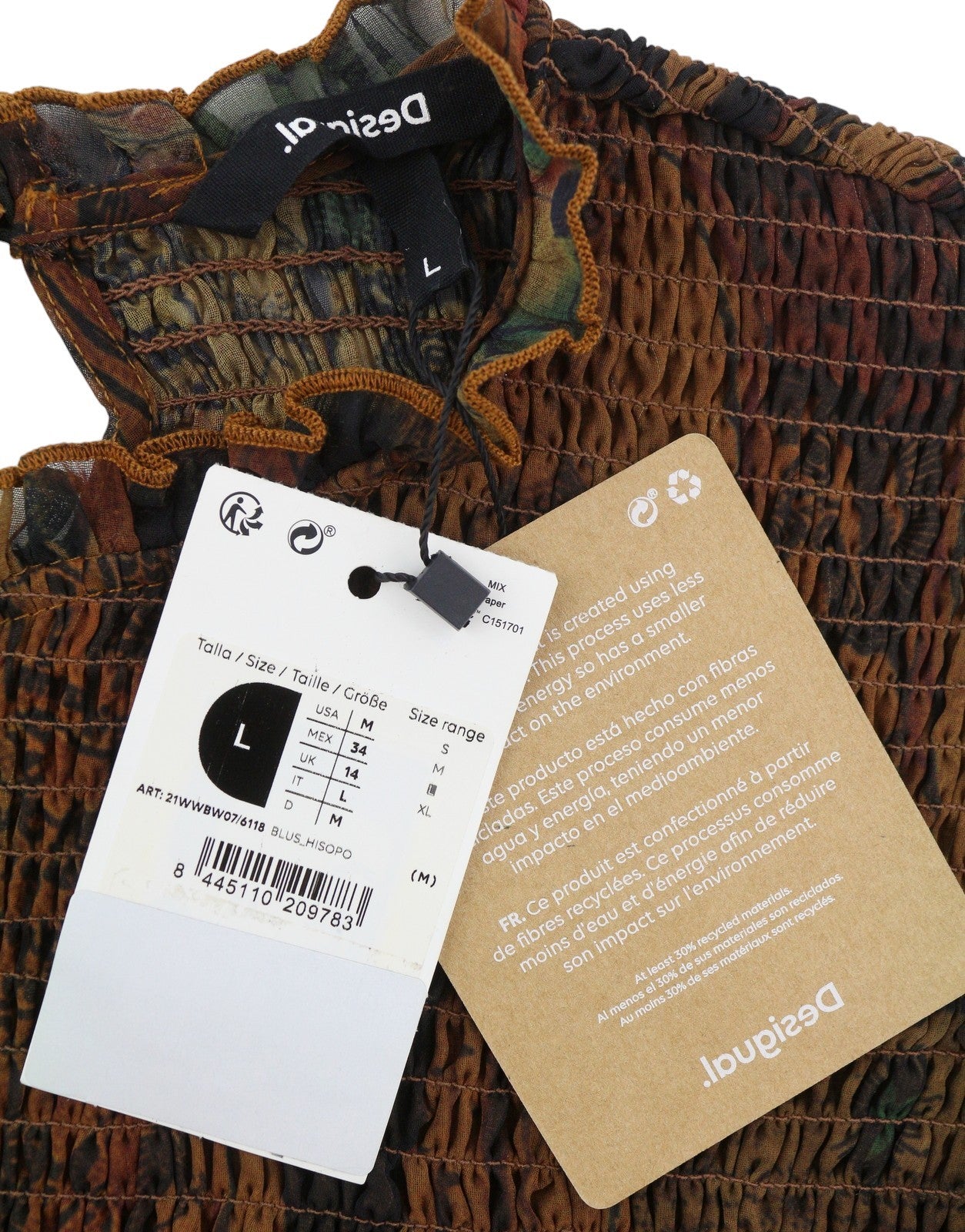 DESIGUAL Blus Hisopo Women Blouse L Brown Honeycomb Printed Ruffled Collar