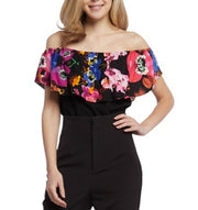 DESIGUAL Body Flower Women Bodysuit M Black Slim Fit Off-Shoulders Frill