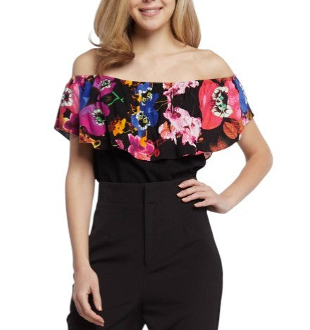 DESIGUAL Body Flower Women Bodysuit M Black Slim Fit Off-Shoulders Frill