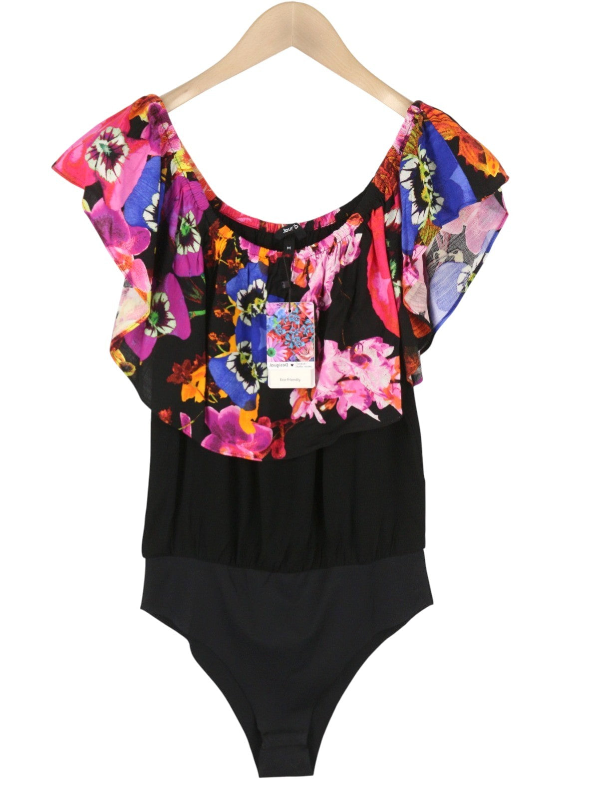 DESIGUAL Body Flower Women Bodysuit M Black Slim Fit Off-Shoulders Frill