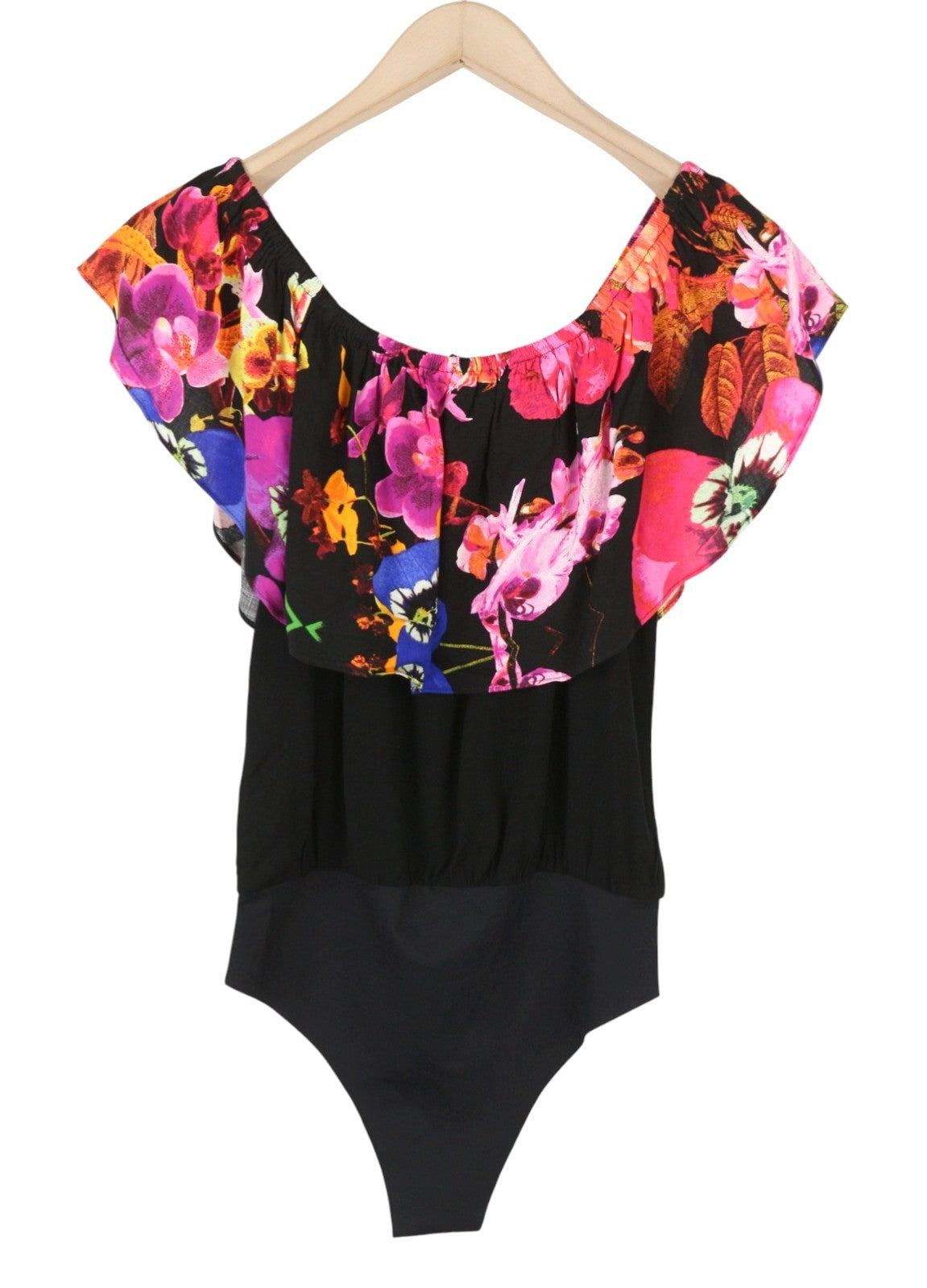 DESIGUAL Body Flower Women Bodysuit M Black Slim Fit Off-Shoulders Frill