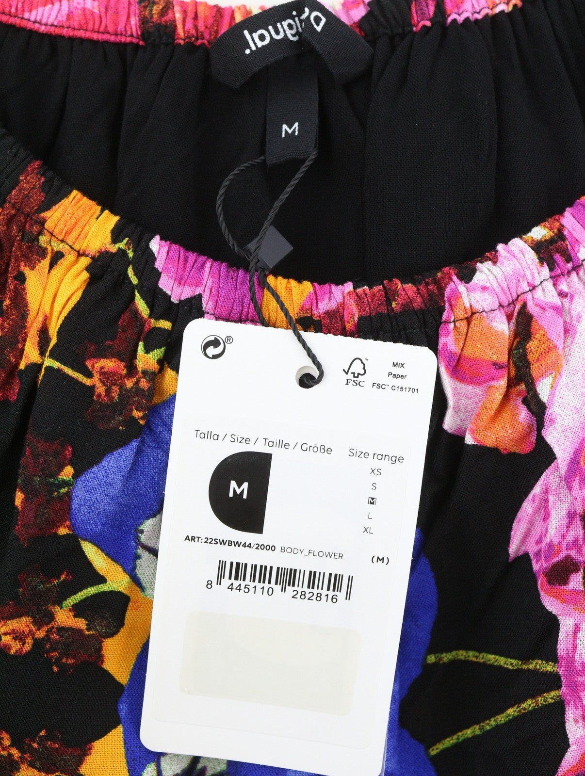 DESIGUAL Body Flower Women Bodysuit M Black Slim Fit Off-Shoulders Frill