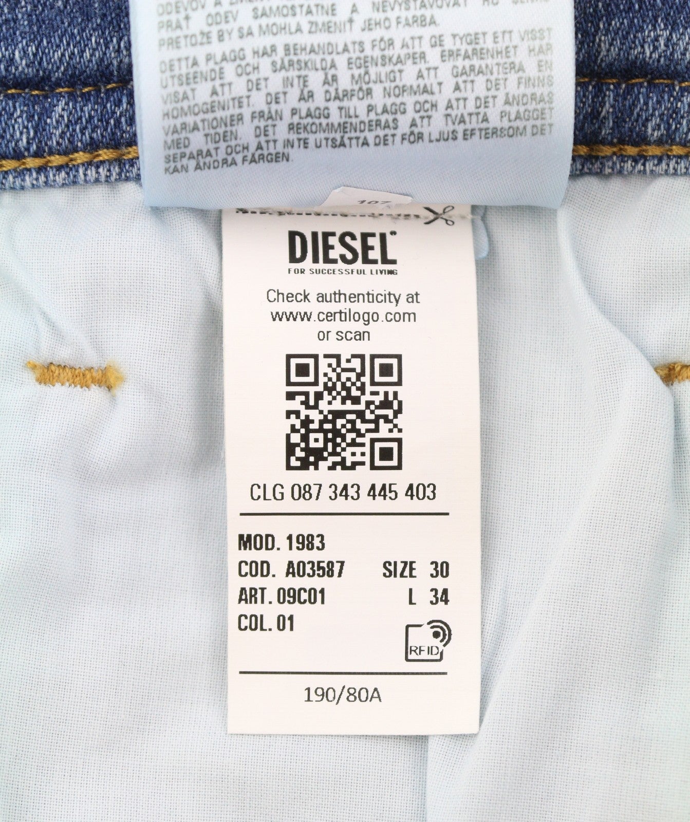 DIESEL 1983 09C01 Men Jeans W30/L34 Blue Faded Whiskers Skinny Fit High Waist
