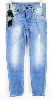 TAKESHY KUROSAWA Men Jeans W32 Slim Fit Light Blue Washed Distressed Cotton_
