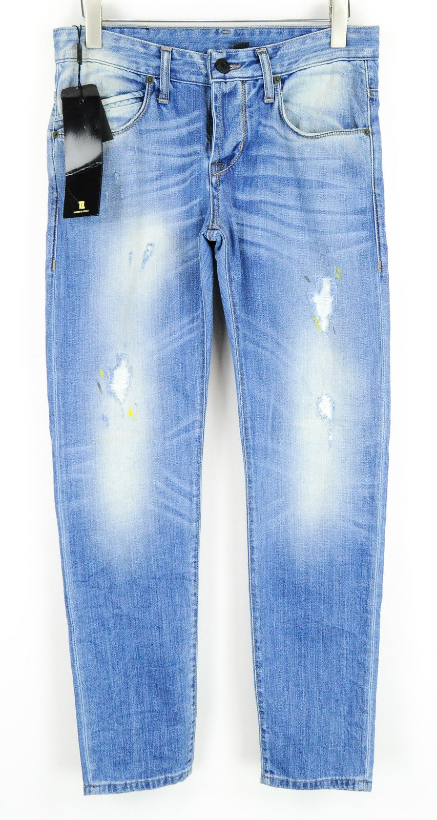 TAKESHY KUROSAWA Men Jeans W32 Slim Fit Light Blue Washed Distressed Cotton_