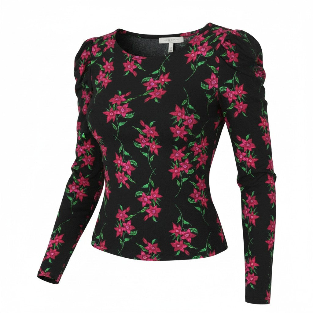 DESIGUAL TS Kim Women Blouse M Black Floral Print Open Back Long Sleeve