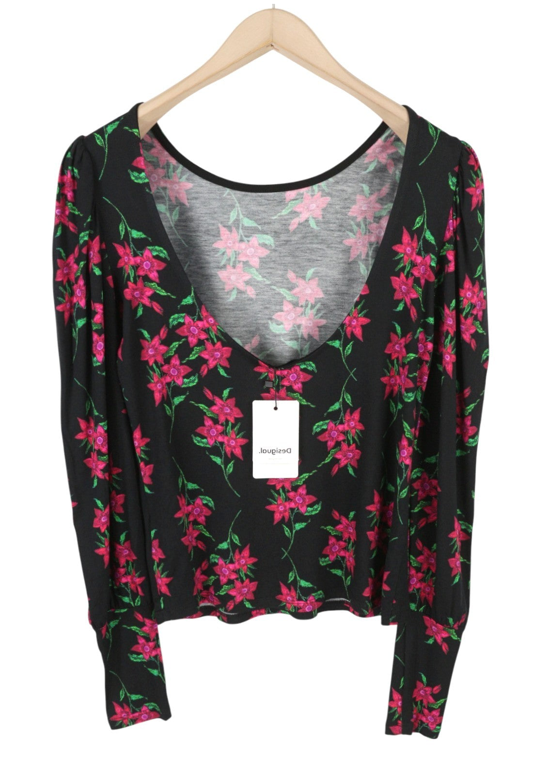 DESIGUAL TS Kim Women Blouse M Black Floral Print Open Back Long Sleeve