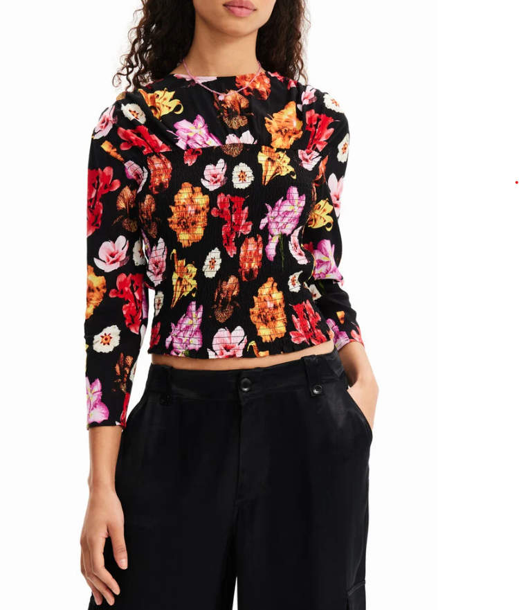 DESIGUAL Blus Rosa Women Blouse L Colourful Floral Print Cropped 3/4 Sleeves