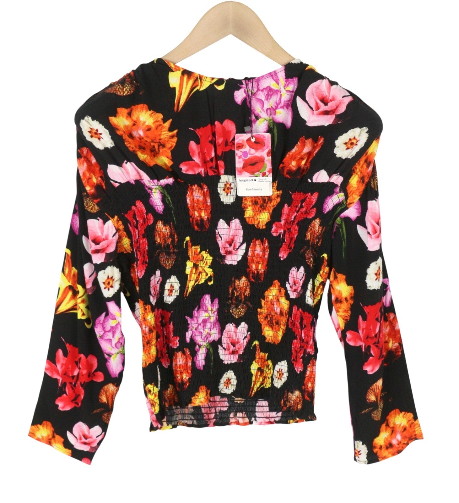DESIGUAL Blus Rosa Women Blouse L Colourful Floral Print Cropped 3/4 Sleeves