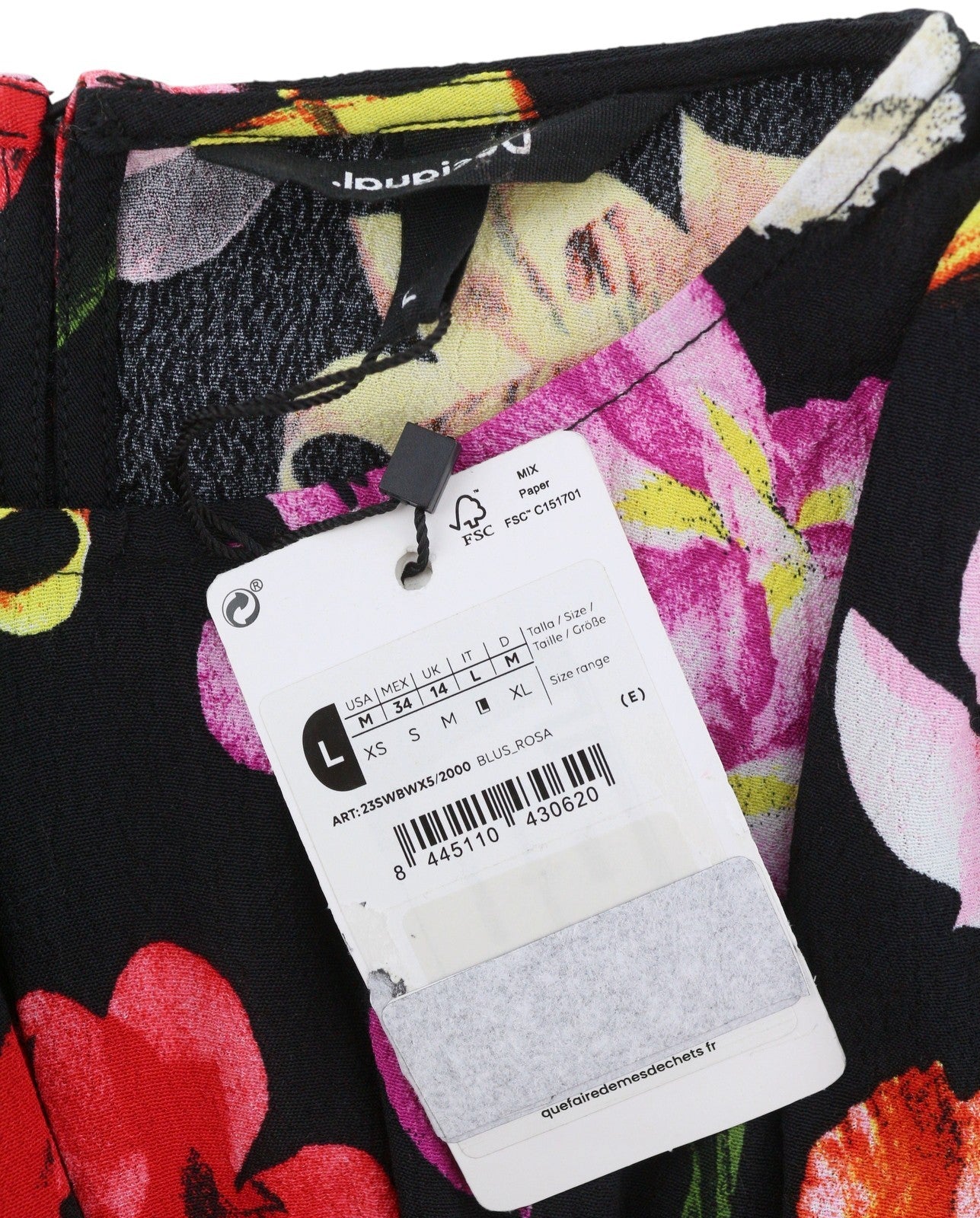 DESIGUAL Blus Rosa Women Blouse L Colourful Floral Print Cropped 3/4 Sleeves