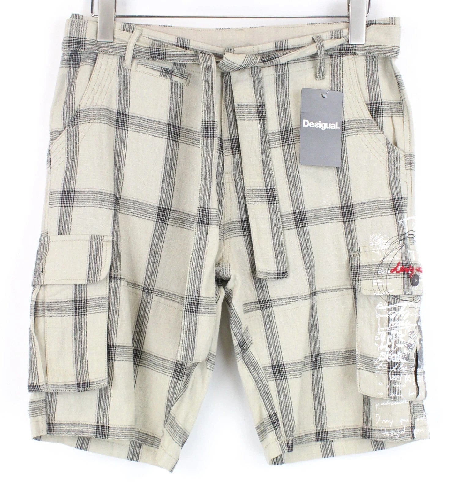DESIGUAL Pant Marc Men Shorts 28 Front Tie Summer Cargo Check Linen Blended