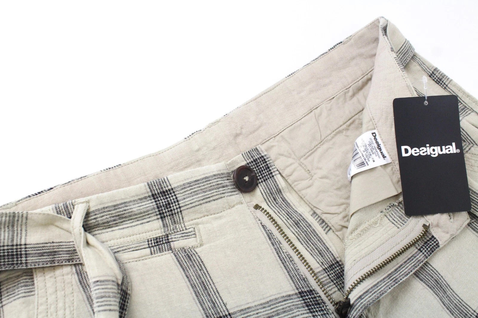 DESIGUAL Pant Marc Men Shorts 28 Front Tie Summer Cargo Check Linen Blended