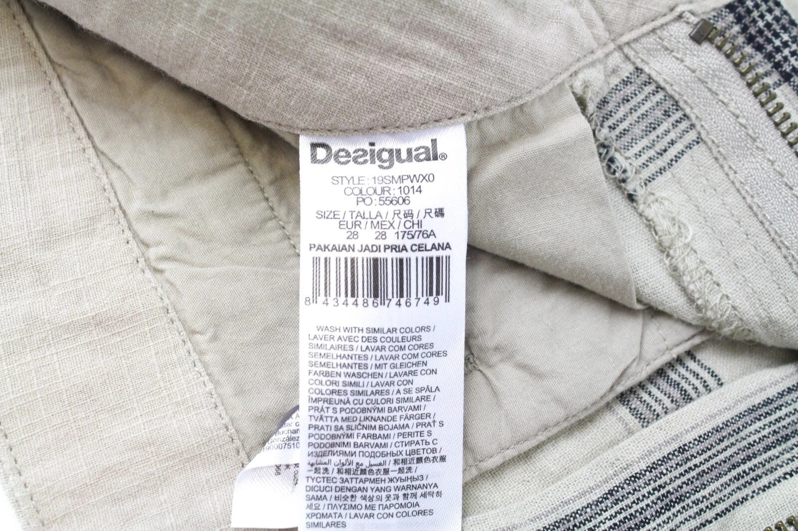 DESIGUAL Pant Marc Men Shorts 28 Front Tie Summer Cargo Check Linen Blended