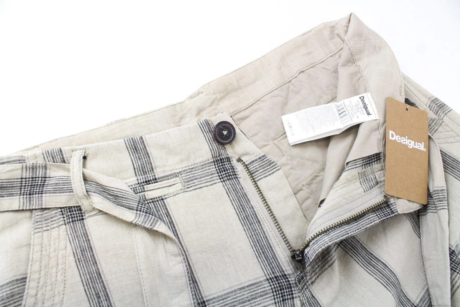 DESIGUAL Pant Marc Men Shorts 30 Linen Belted Front Tie Summer Cargo Check