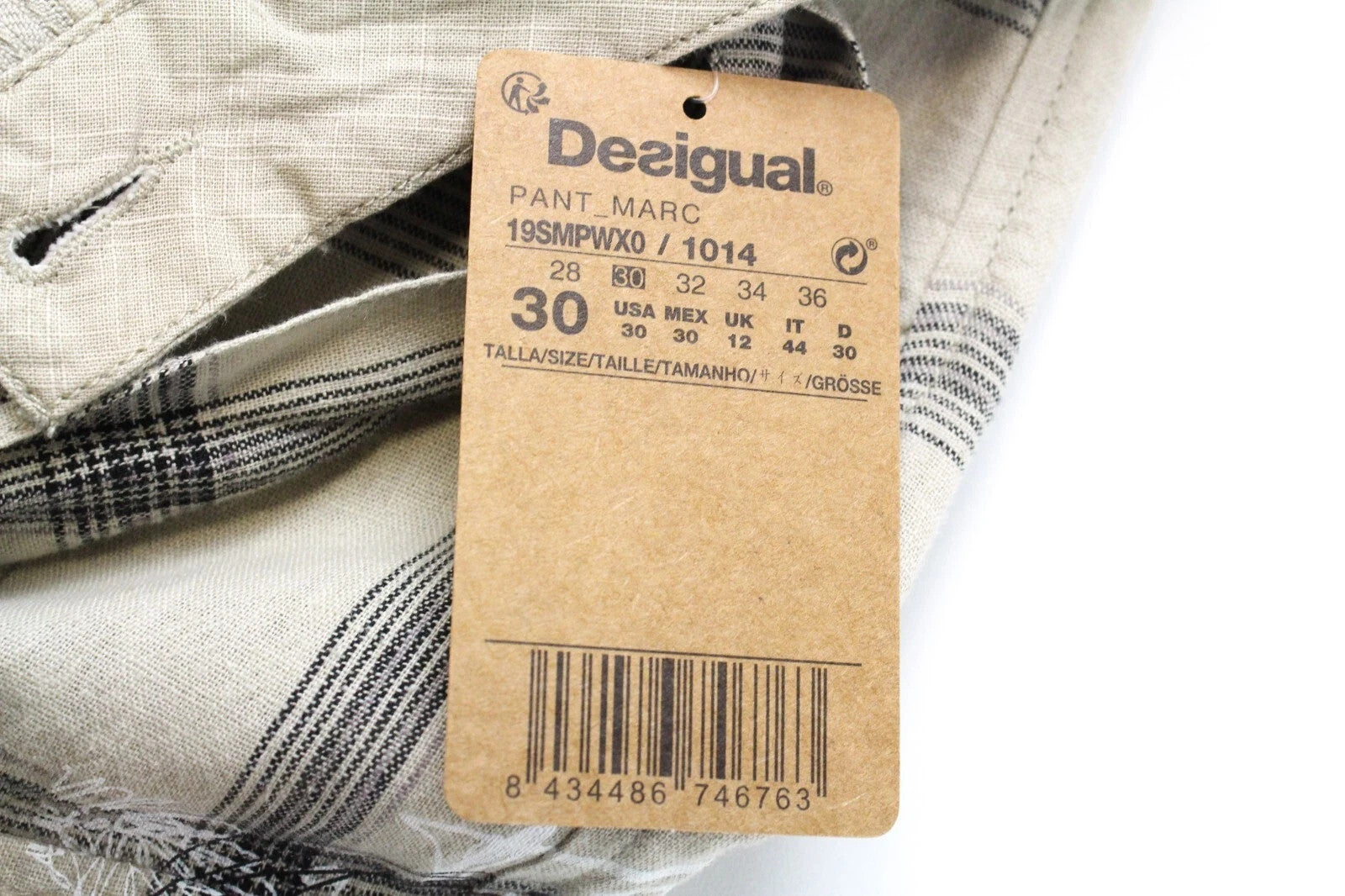 DESIGUAL Pant Marc Men Shorts 30 Linen Belted Front Tie Summer Cargo Check