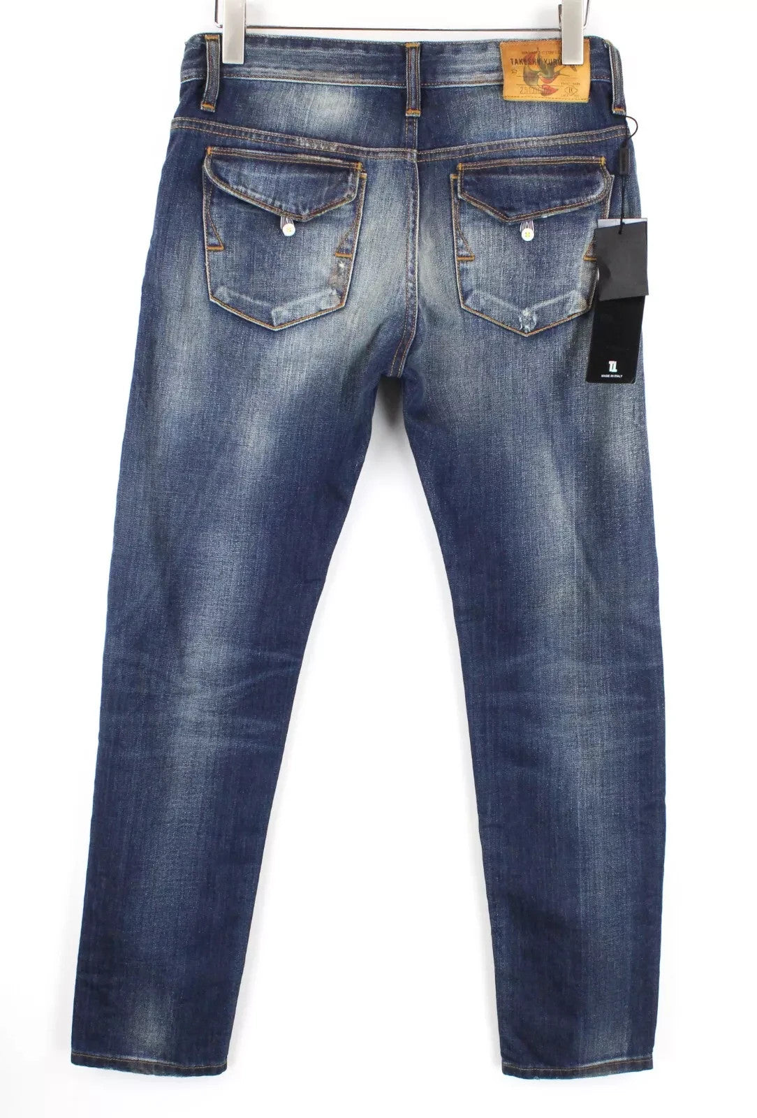 TAKESHY KUROSAWA Men Jeans W32 Stained Distressed Button-Fly Blue Denim Straight