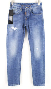 TAKESHY KUROSAWA Men Jeans W30 Distressed Painted Button-Fly Slim Denim Blue