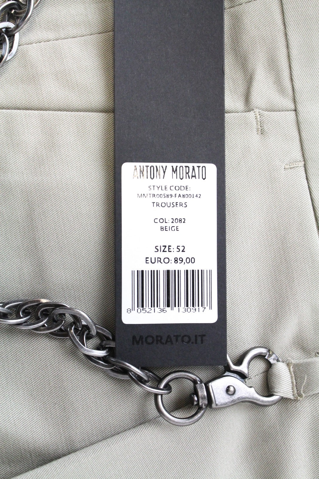 ANTONY MORATO  Men Trousers 52/38 Beige Cotton Stretch Pleated Chain Slit Pocket