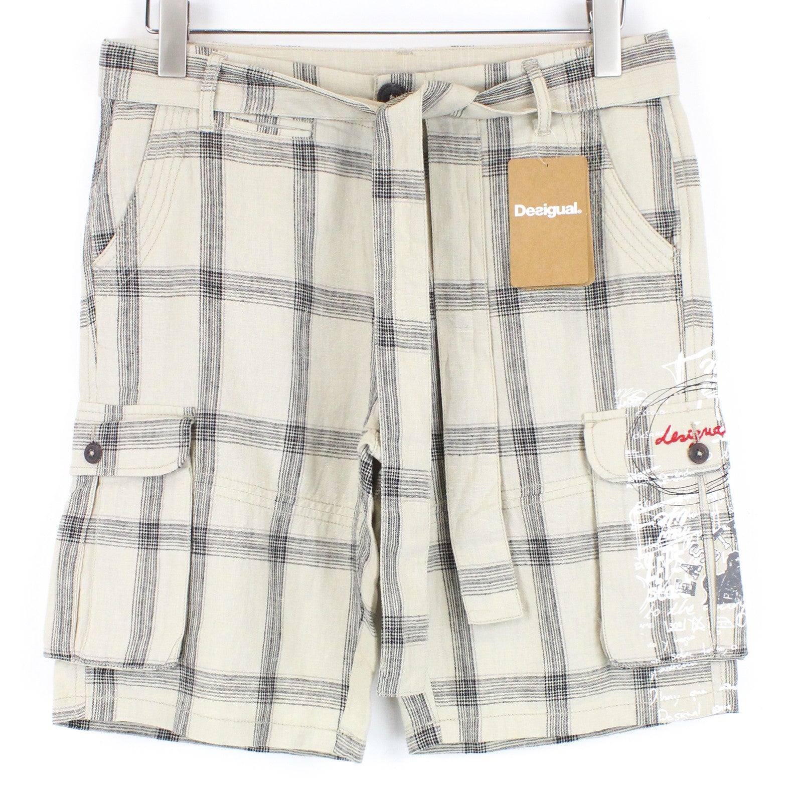 DESIGUAL Marc Men Shorts 28 Light Brown Linen Cotton Checked Multi Pocket Cargo