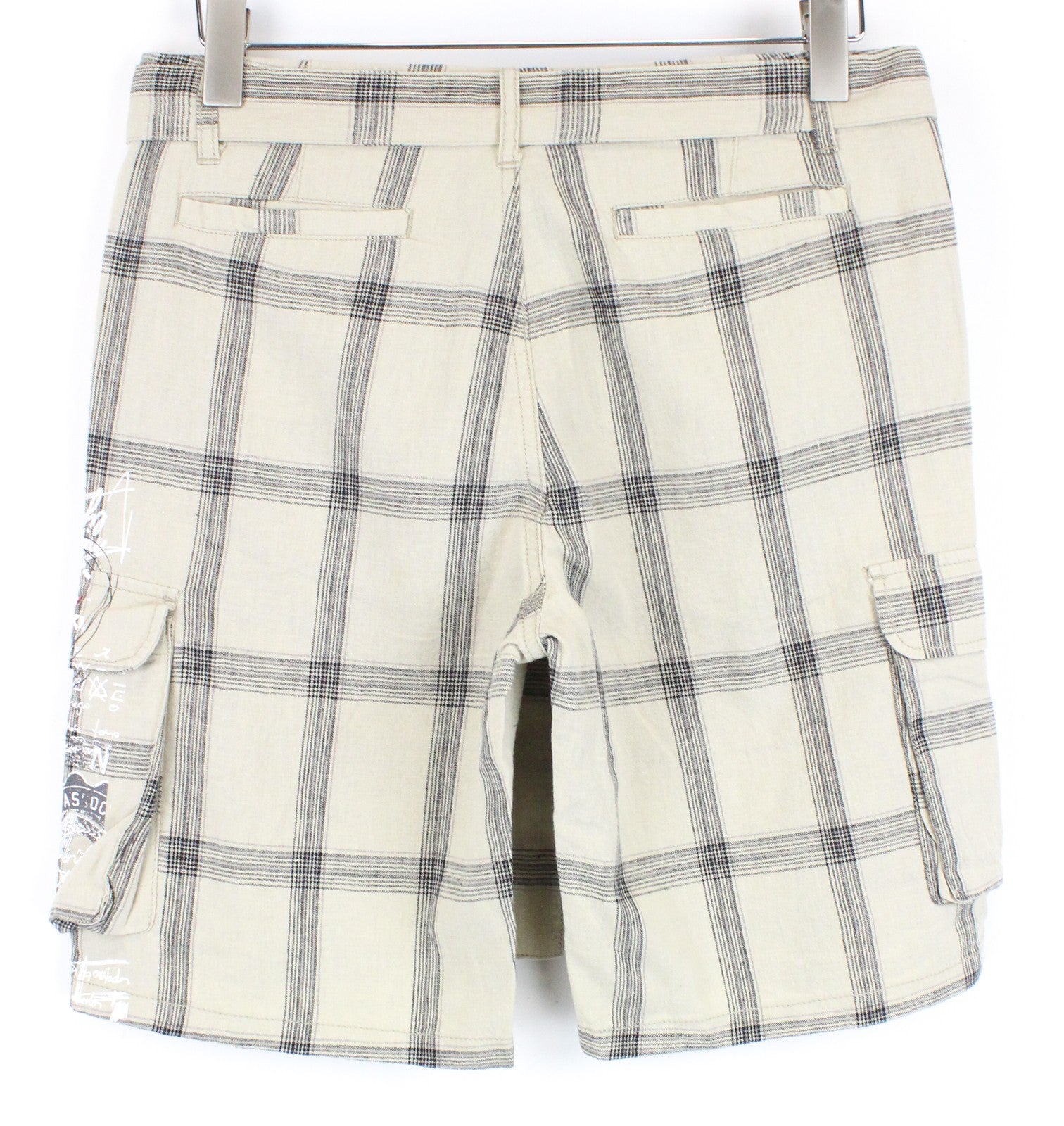 DESIGUAL Marc Men Shorts 28 Light Brown Linen Cotton Checked Multi Pocket Cargo