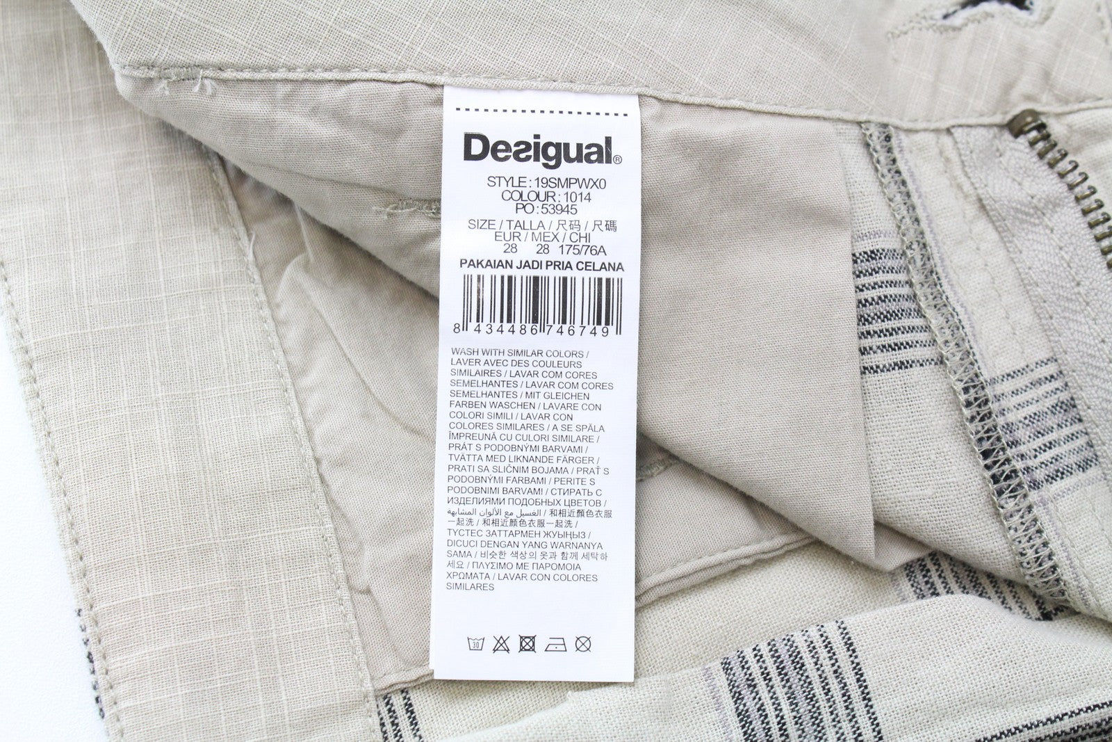 DESIGUAL Marc Men Shorts 28 Light Brown Linen Cotton Checked Multi Pocket Cargo
